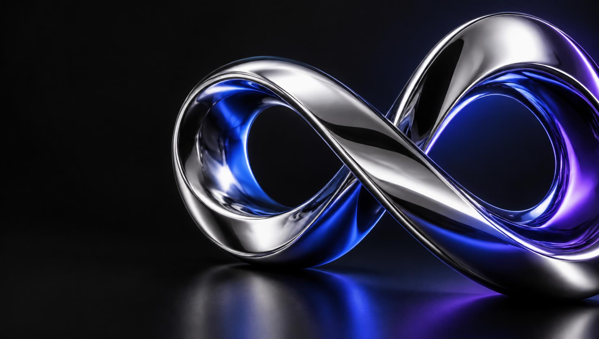 Scultura cromata futuristica con riflessi blu elettrico e viola